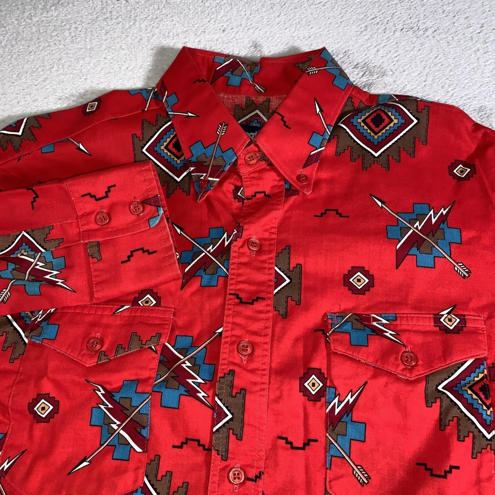Vintage Wrangler Shirt Mens 17-36 Large Red Southwestern Long Sleeve USA‎ Made